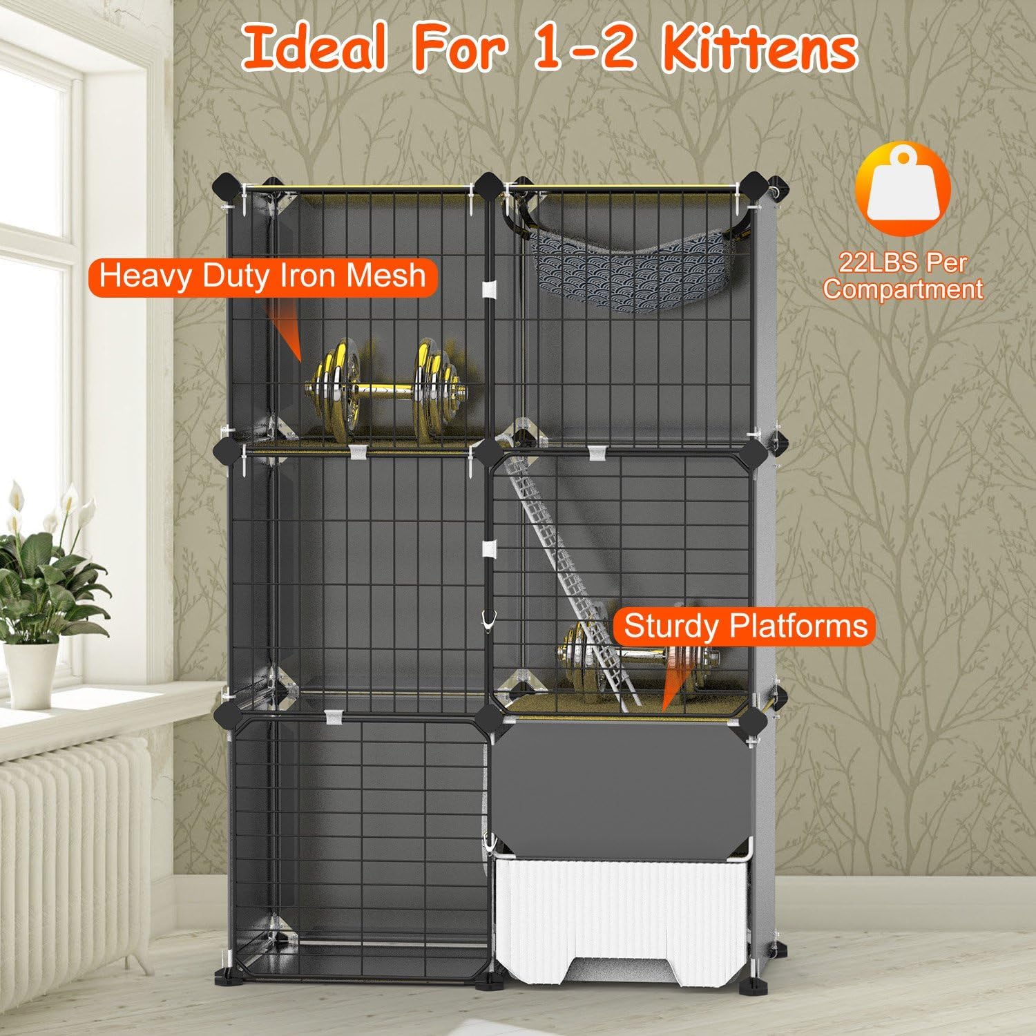 Indoor 3-Tier Cat Cage DIY Large Cat House Modular Cat Enclosure Detachable Cat Playpen Kennel with Litter Box Hammock Ladder for 1-2 Kittens 27.95" ｘ13.78 ｘ42.13 Inches