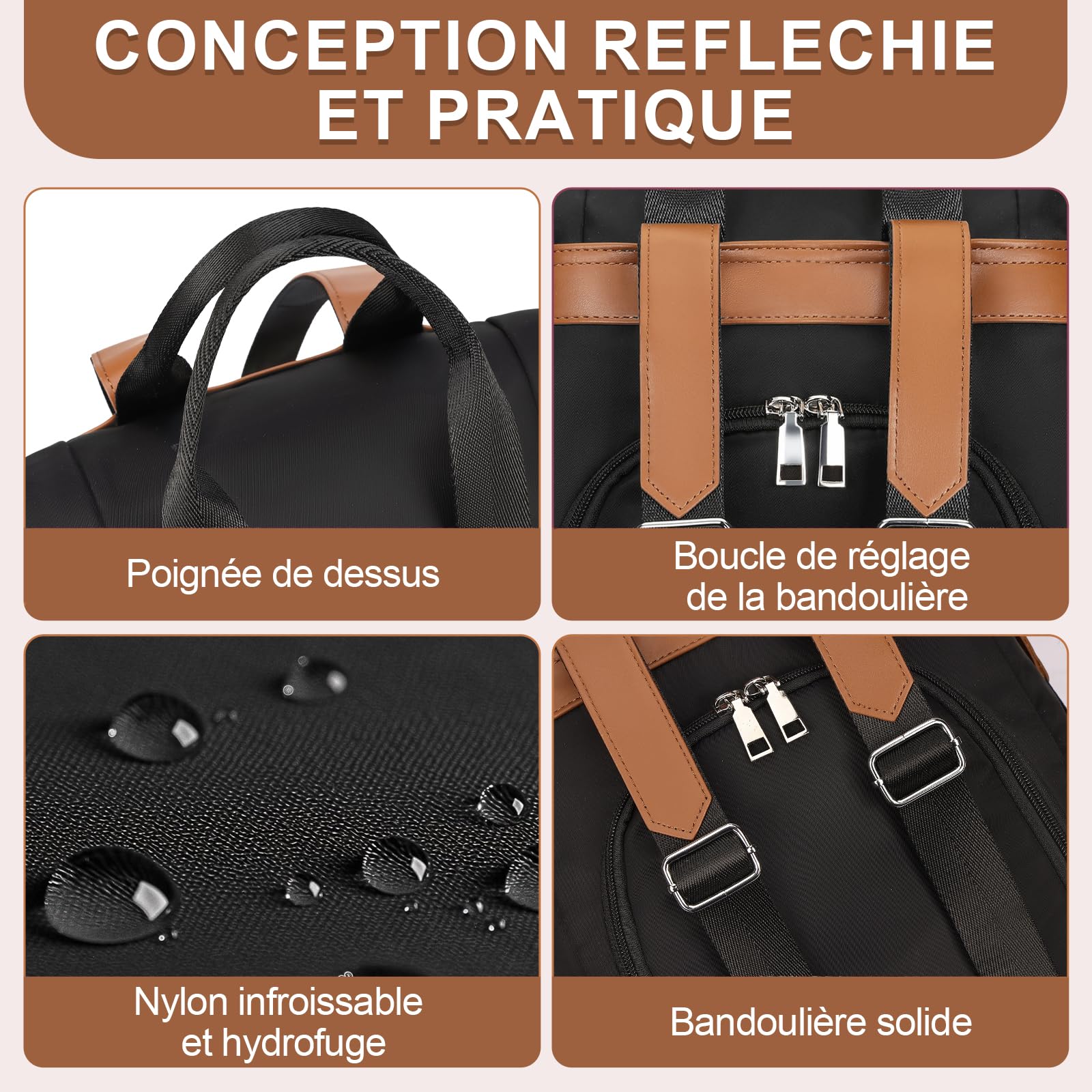 Eshow Sac a Dos Femme Antivol, Sacs à Main Portés Dos Elégant Léger 3 en 1, Petit Sac Bandoulière Fort Backpack Casual pour Voyage Travail Université Loisirs Shopping Noir