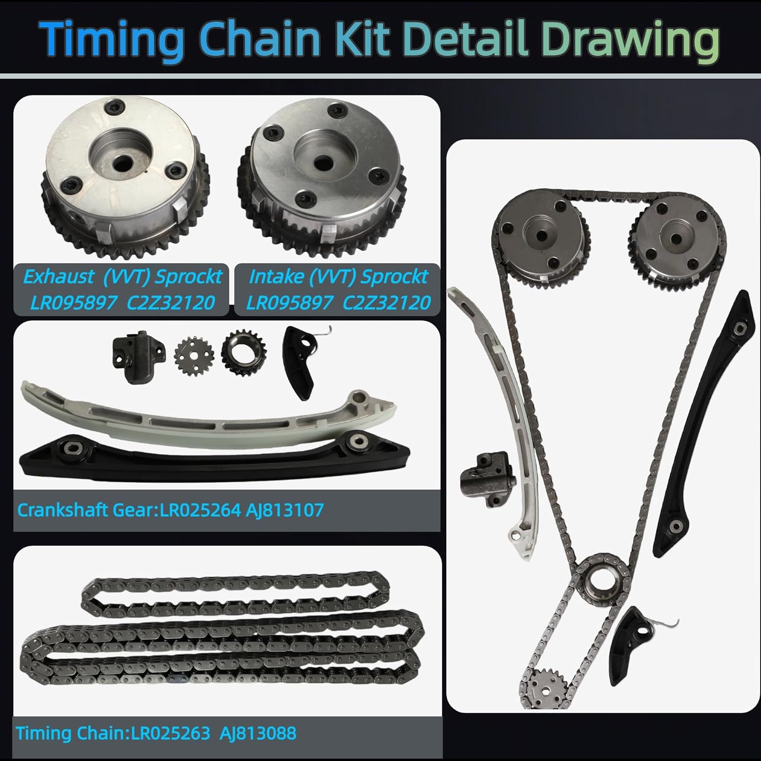2.0 204PT Engine Rebuild Kit w/Head Gasket Set | Timing chain kit | Con-Rod | Piston | Main Bearing Kit Fit for Jaguar XE XF Land Rover Discovery Sport LR2 Range Rover Evoque 2.0T 2012-2017 HS55477