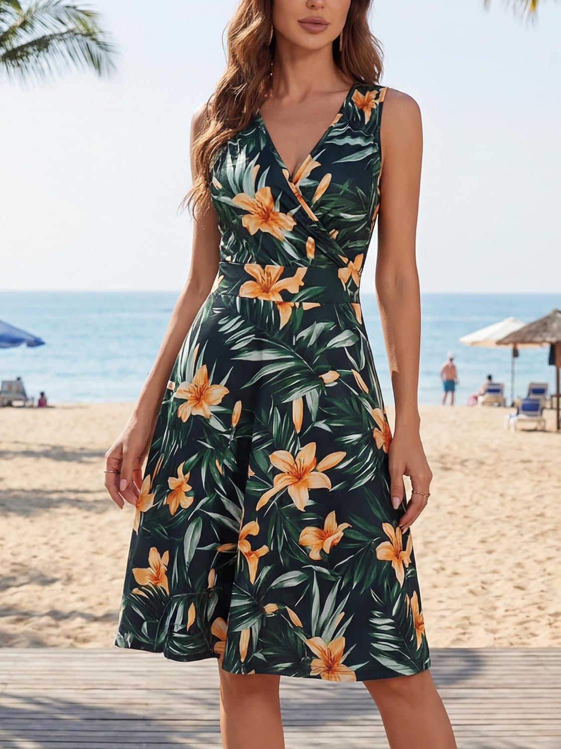 GUBERRY Womens Wrap V Neck Sleeveless Sundress Summer Flare Tank Dress with Pockets