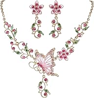 EleQueen Women's Pink Austrian Crystal Butterfly Flower Leaf Necklace Earrings Set - Elegant Shine for Weddings & Gifts
