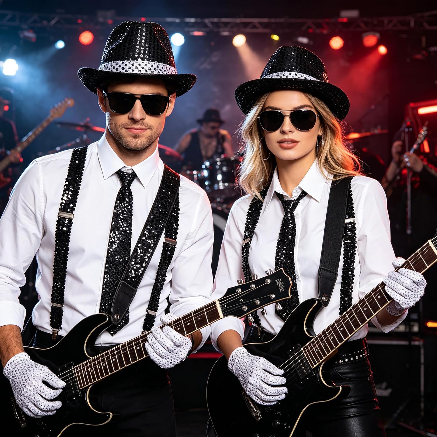 MORTICIA 7 Pcs Unisex Halloween 70s 80s Disco Performance Costume Sparkly Sequin Dance Star Set with Gloves, Fedora, Sunglasses, Tie, and Sequin Strap, Perfect for Cosplay and Theme Parties