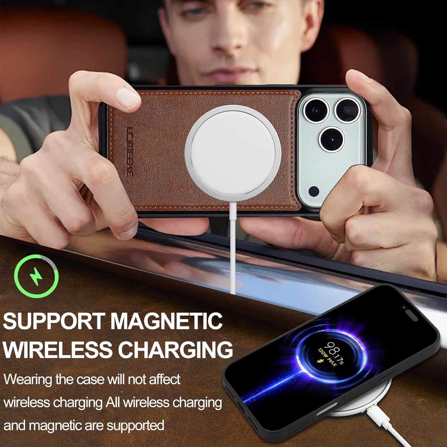 SZHAIYU L3 2 in 1 Detachable Leather Wallet and Phone Cases Compatible with iPhone 17 Pro Case with Card Holder RFID Blocking, Compatible with Magsafe Charging 6.3 Kickstand (Brown, IP 17 Pro) - Image 9