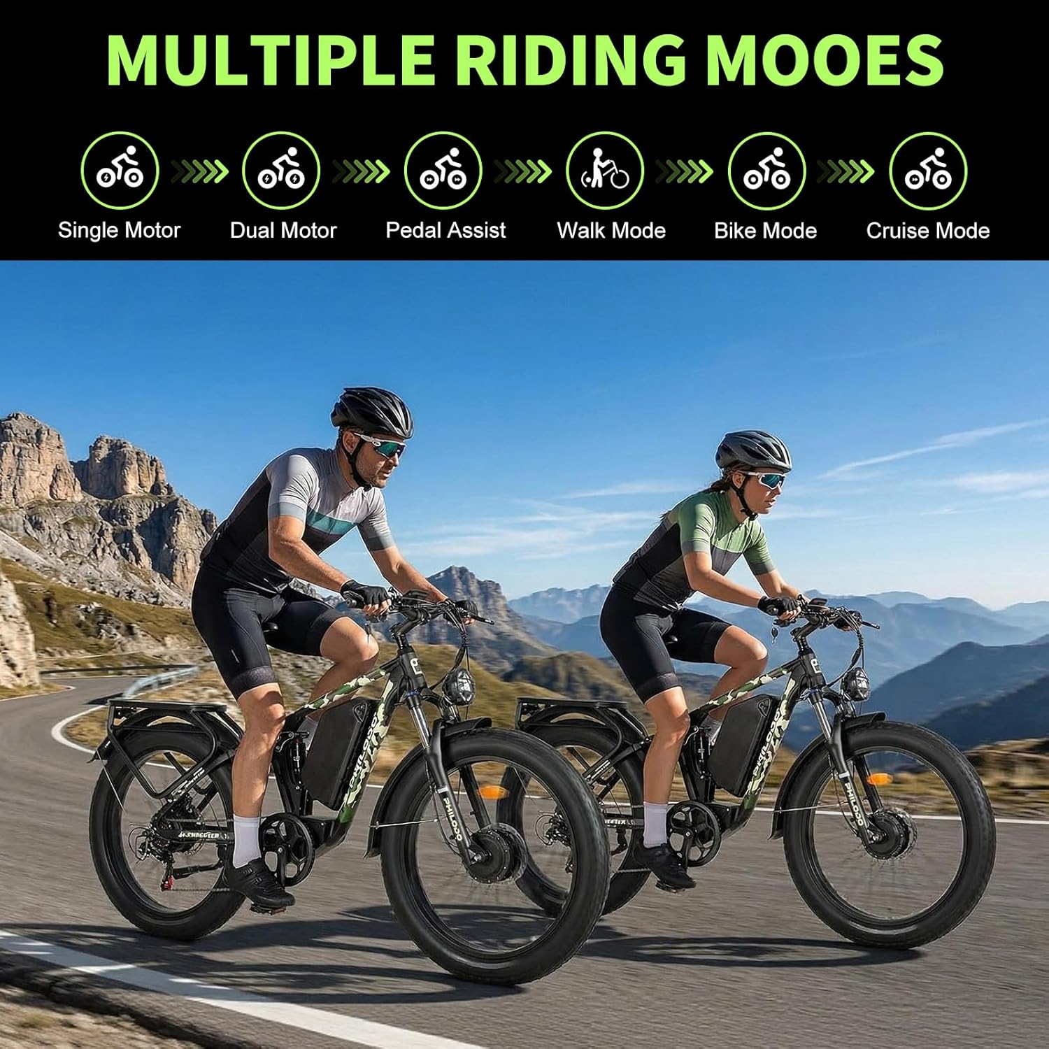 PHILODO 5000w Dual Motor E-Bike 60V Electric Bike for Adults,45 MiIe P-Hour Full Suspension Hydraulic Disc Brakes EBike,26/24x4 Fat Tires Mountain Bikes for All Terrain Snow/Sand