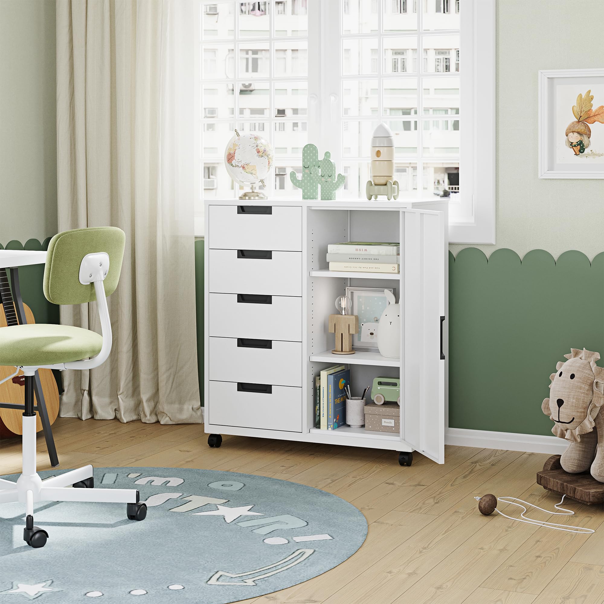 Letaya 5 Drawer Storage Cabinet, Mobile Printer Stand for Home Office,Dresser Chest with Shelves and Door(White)