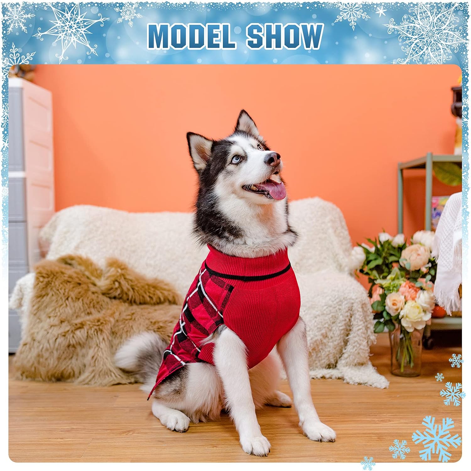 Dog Sweater Pet Knitted Clothes - Classic Plaid Pull Over Turtleneck Dog Sweaters with Leash Hole Warm Dogs Winter Clothing for Small Medium Dogs Cats Puppy