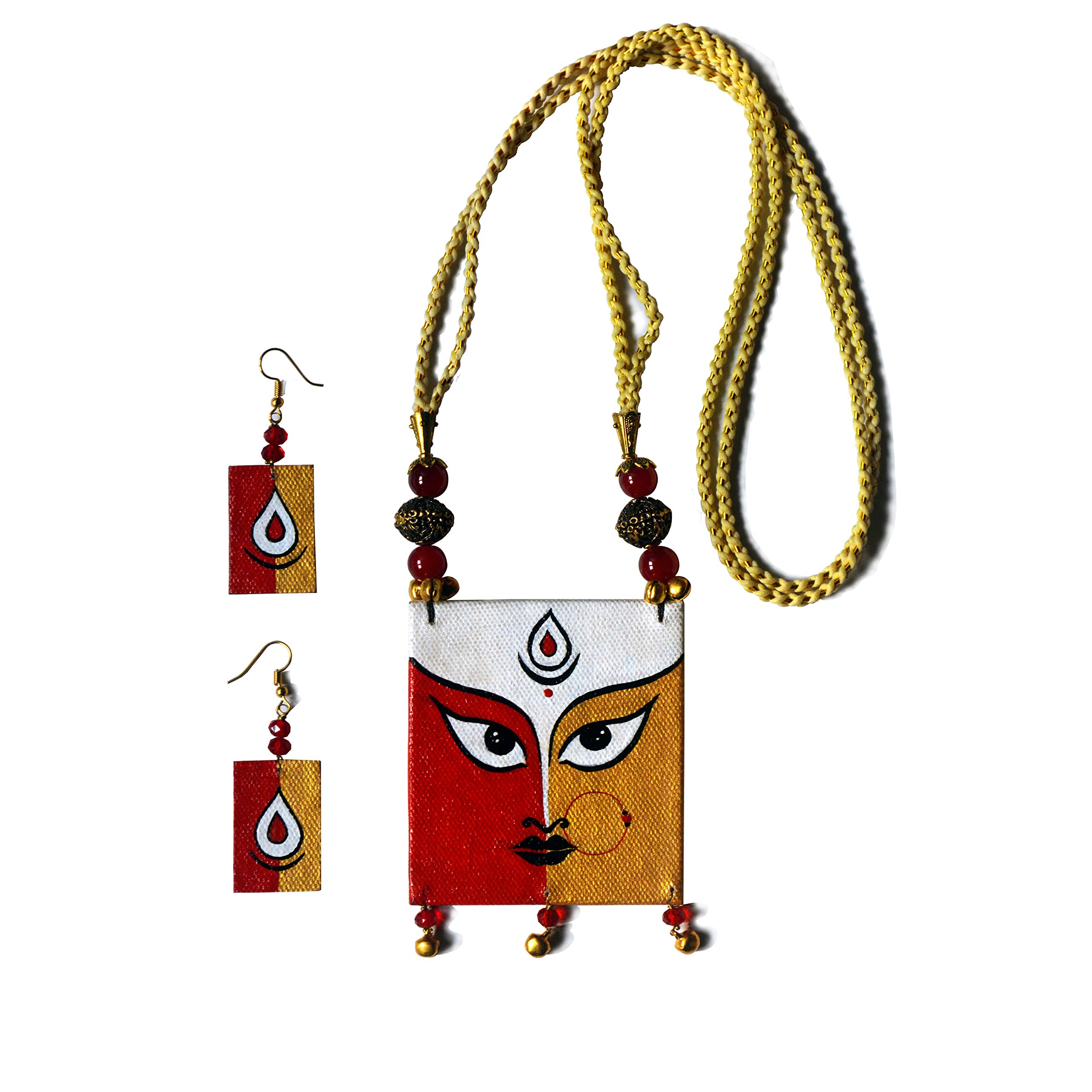 Karukala Handicraft Canvas Durga Painting Necklace And Earring sets Handmade and Handcrafted Jewellery sets For Women And Girls (Size-free, Colour- multi)
