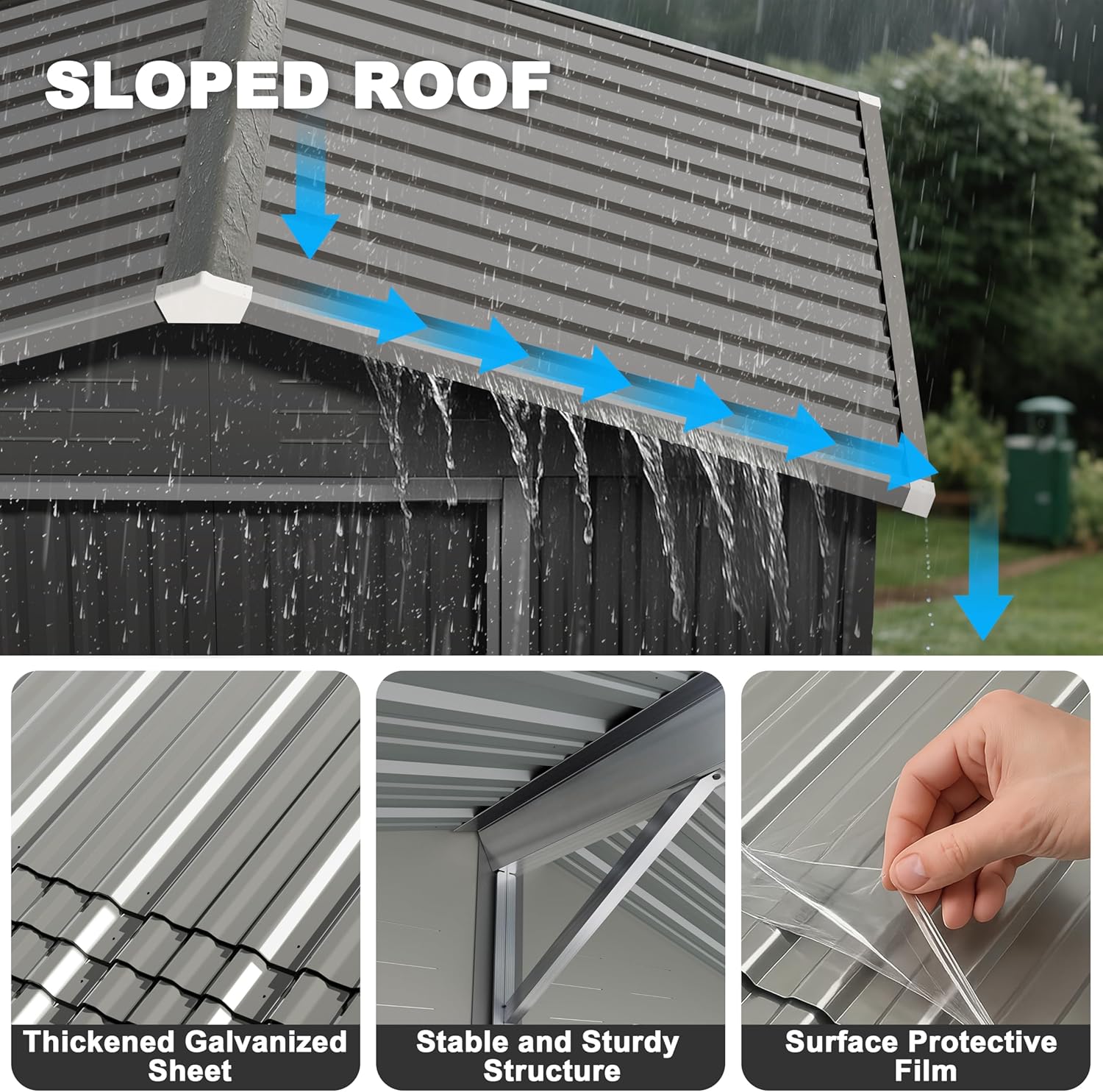 Close-up of the shed's sloped roof, showing thickened galvanized sheet, stable and sturdy structure, and surface protective film.