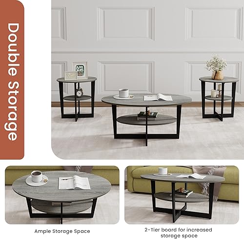 Miniatura 3 de Mesas de centro para sala de estar, juego de 3 piezas, mesa de centro redonda y mesas auxiliares con almacenamiento abierto de 2 niveles para