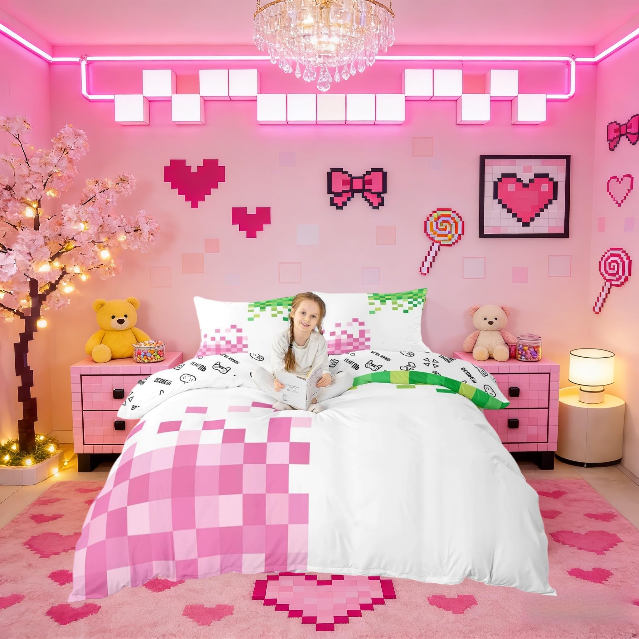 Manfei Pixelated Style Duvet Cover Set Double Size,Gamepad Miners Video Games Bedding Set for Kids Teens Bedroom Decor,Miners Lattice Comforter Cover,Pink Green 2 Pcs Bedding Collection,No Filler — image 1