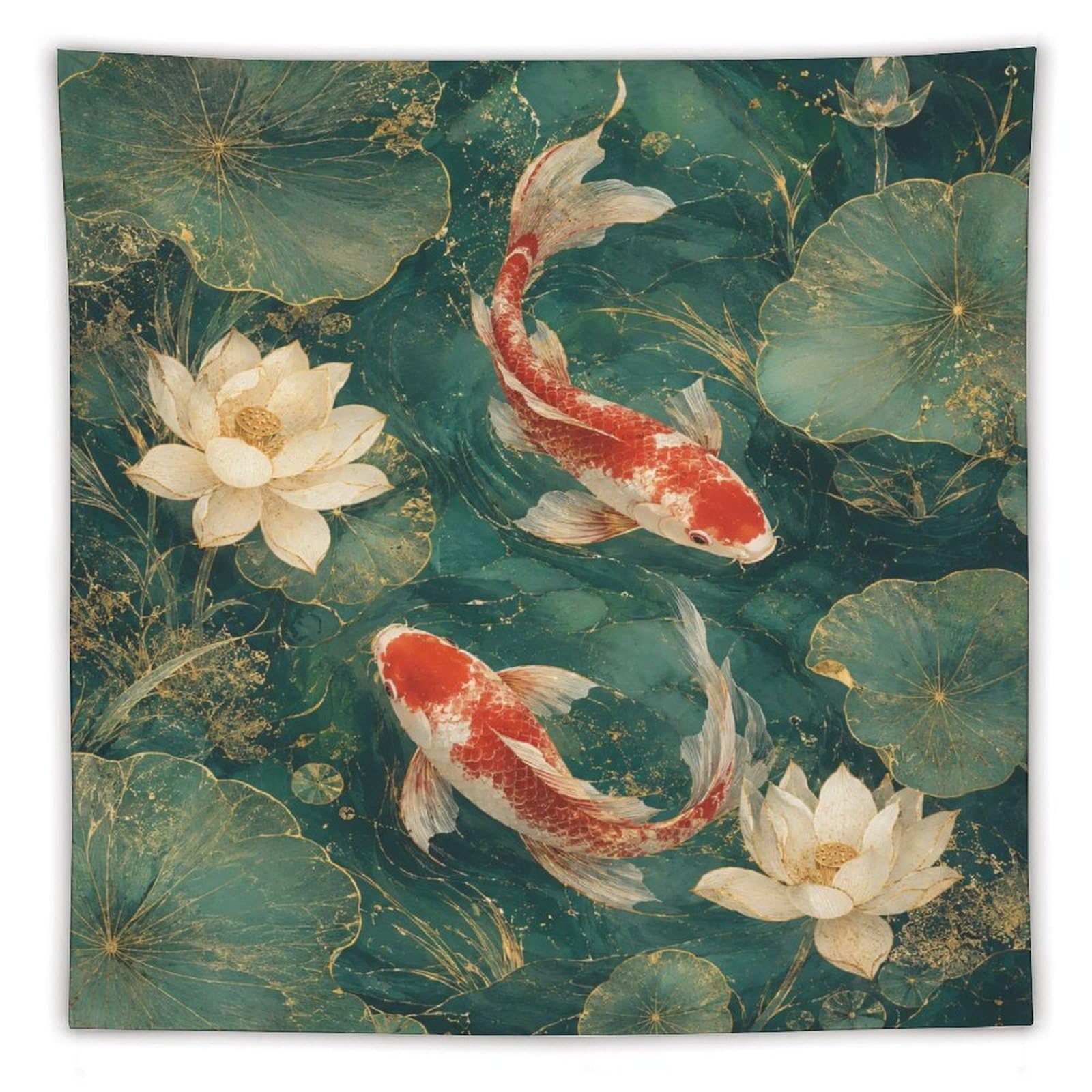 H3B8U2Y5 Koi Fish Lotus Wall Tapestry, Watercolor Style, Zen Water