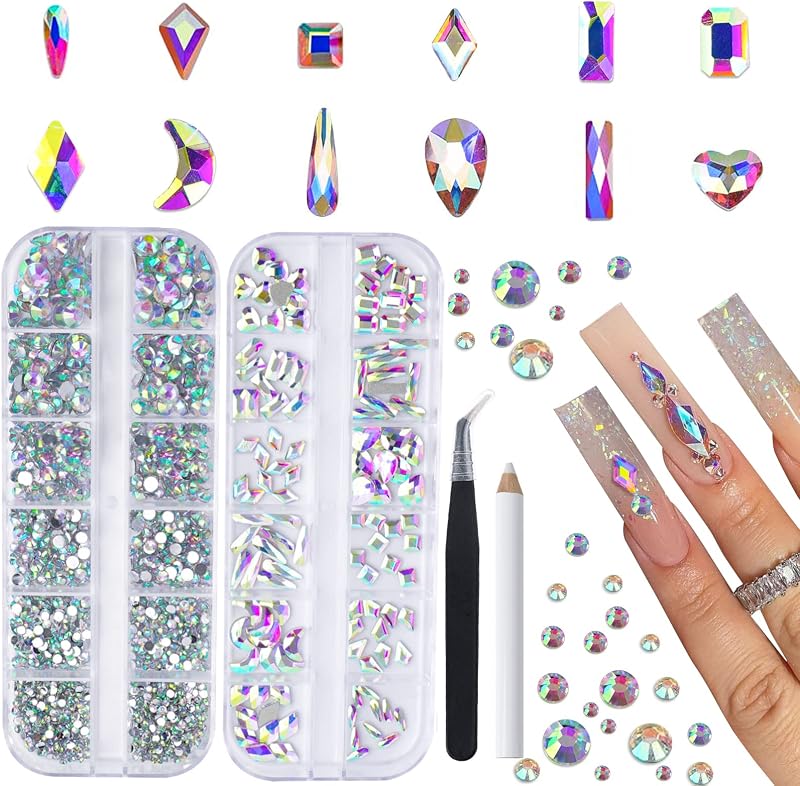Canvalite 2518Pcs Rhinestones Nail Gems, 12 Styles 3D Glass AB Crystals Charms Shiny Multi Shape Flatback Nail Rhinestones for Nail Art with Picker and Tweezers for DIY Nail Art
