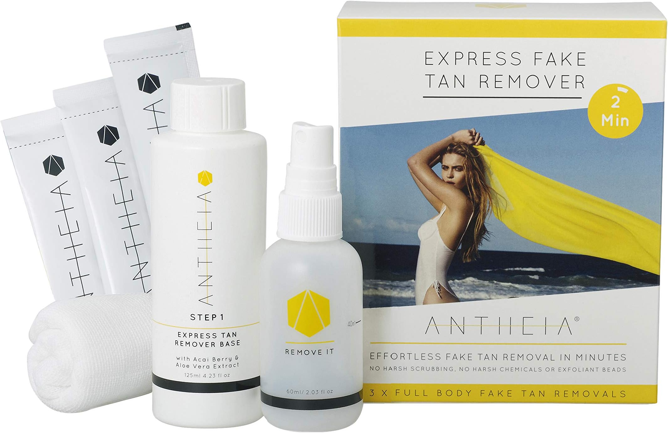 Self Tanner Remover - Antheia Botanical Extracts Vegan Friendly Fake Tan Removal Kit - Express Tan Remover Primer - No Scrubbing and Exfoliating - 6 pack kit with 3 Removals