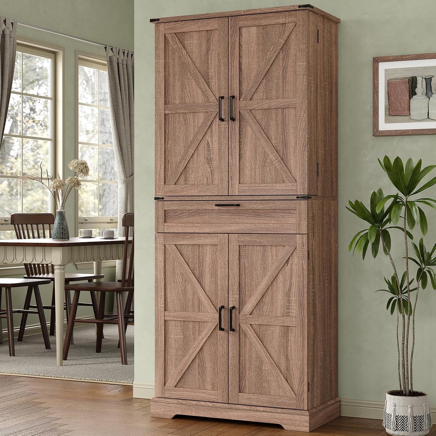 FUSOU 72-inch tall kitchen pantry cabinet in espresso finish, closed, in a dining room setting.
