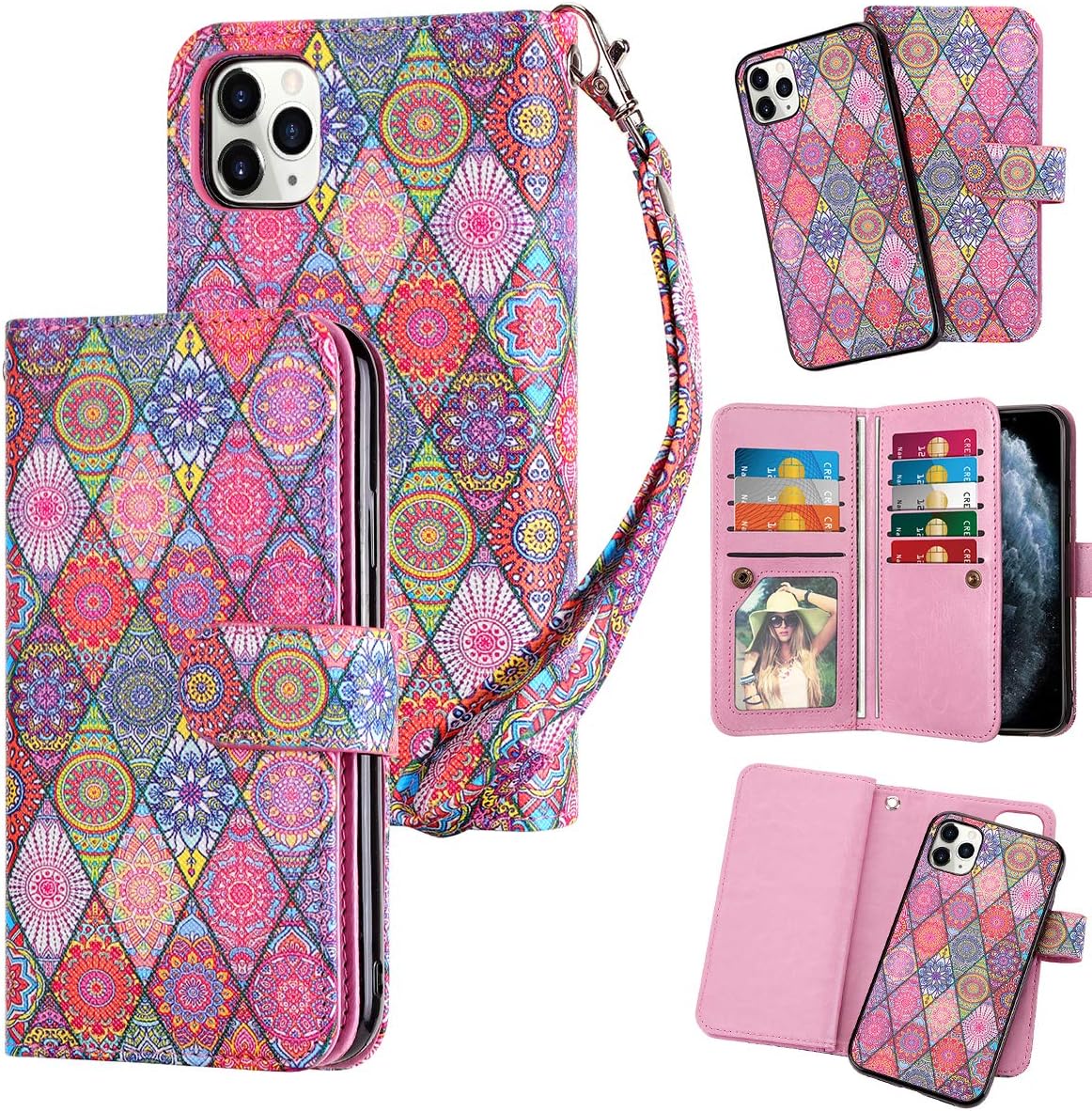 HianDier Compatible with iPhone 11 Pro Max Wallet Cases 6.5 Inches with Card Holder 9 Slots Detachable PU Leather Flip Cover Shockproof Magnetic Clasp Lanyard Dual Layer Case, Ethnic Pink