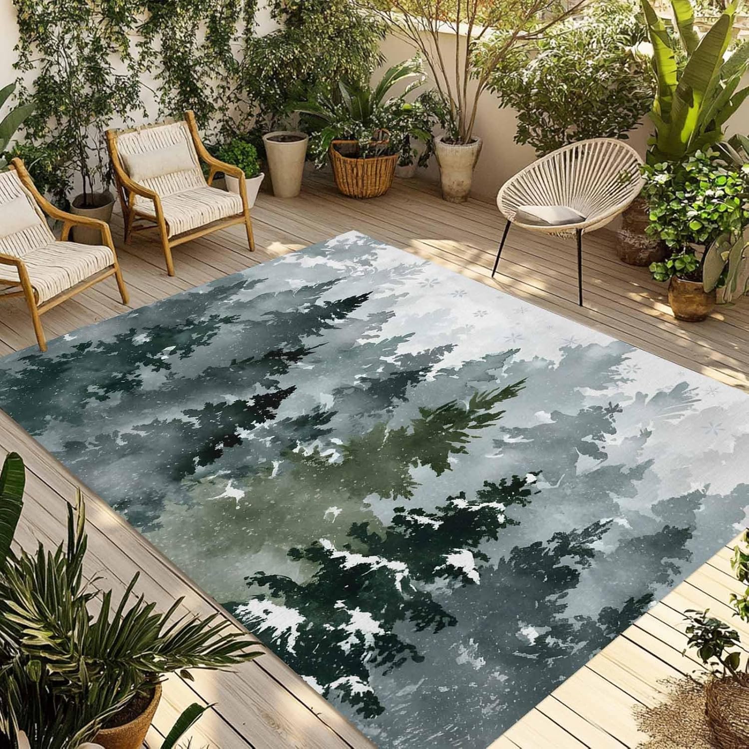 Christmas Outdoor Rug 4x6 ft Green Pine Tree Forest Outdoor Large Area Rug Non Slip Rubber Snowflake Snowy Winter Front Door Mat RV Rug Carpet Patio Outdoor Rugs for Backyard Balcony Deck Porch