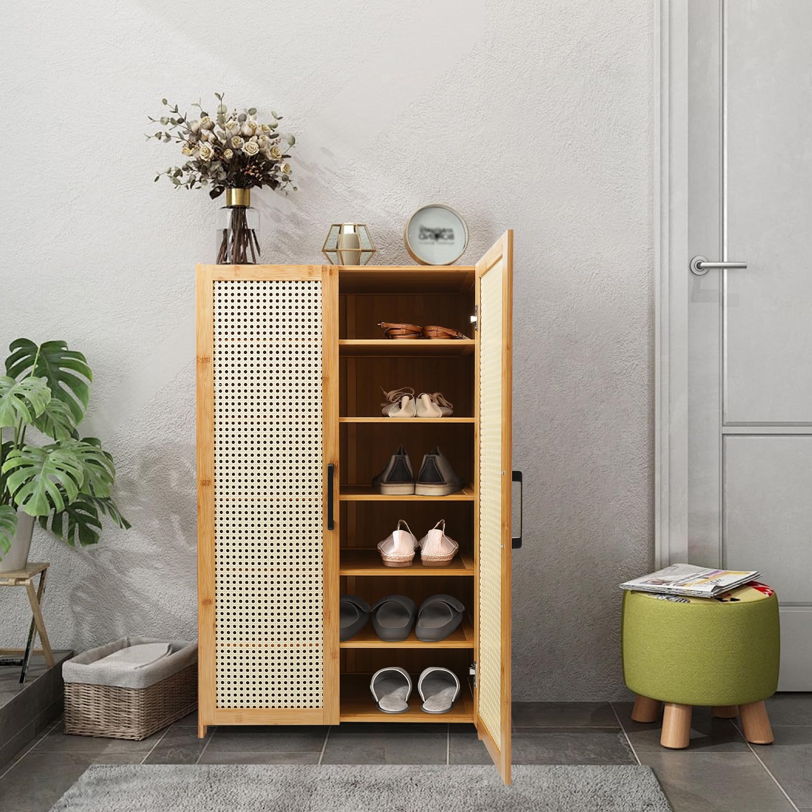 Scarpiera in bambù, 6 scomparti, molto resistente, con porte, per corridoio, soggiorno, camera da letto, ventilata, regolabile, 60 x 33 x 100 cm