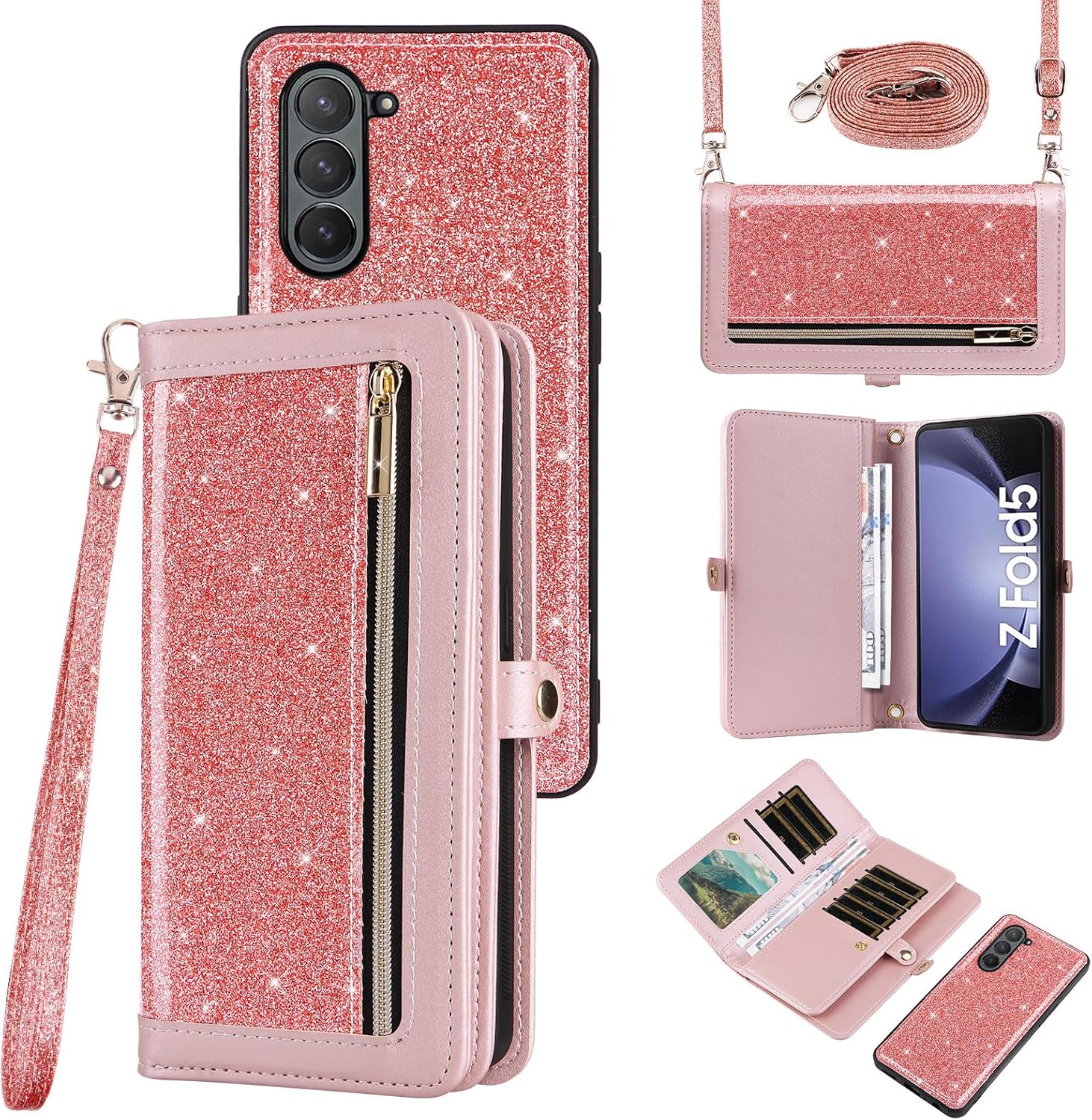 Asuwish Phone Case for Samsung Galaxy Z Fold 5 5G 2023 Zipper Wallet Detachable Cell Cover with Crossbody Lanyard Strap Bling Glitter Flip Card Holder Slot ZFold5 Z5 G Fold5 5Z Women Men Girls Pink