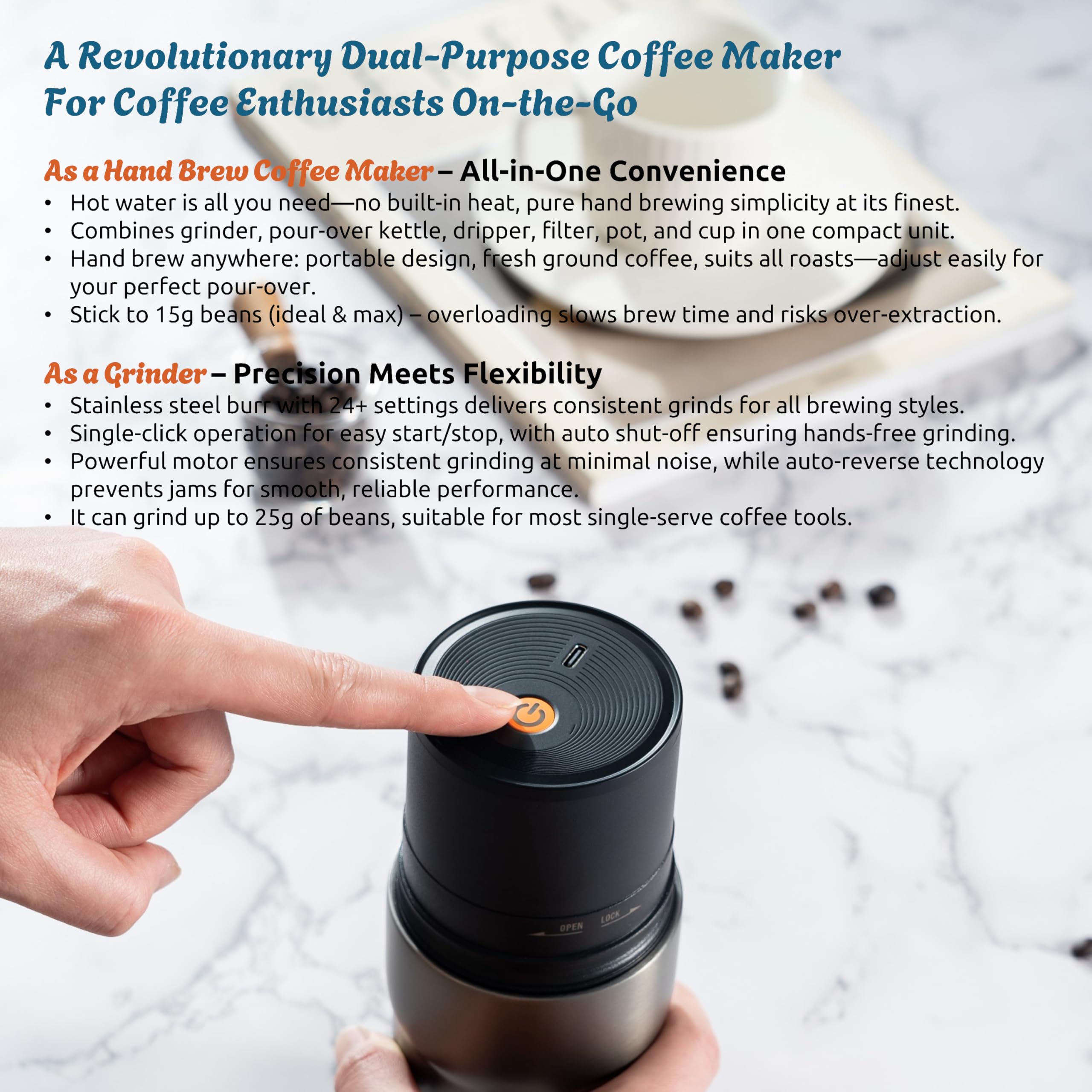 Portable Pour Over Coffee Maker, Rechargeable Electric Grinder with Stainless Steel Conical Burr, Integrated Hand Brew Kit with Stainless Steel Filter Dripper & Travel Mugs, for Camping, Outdoors