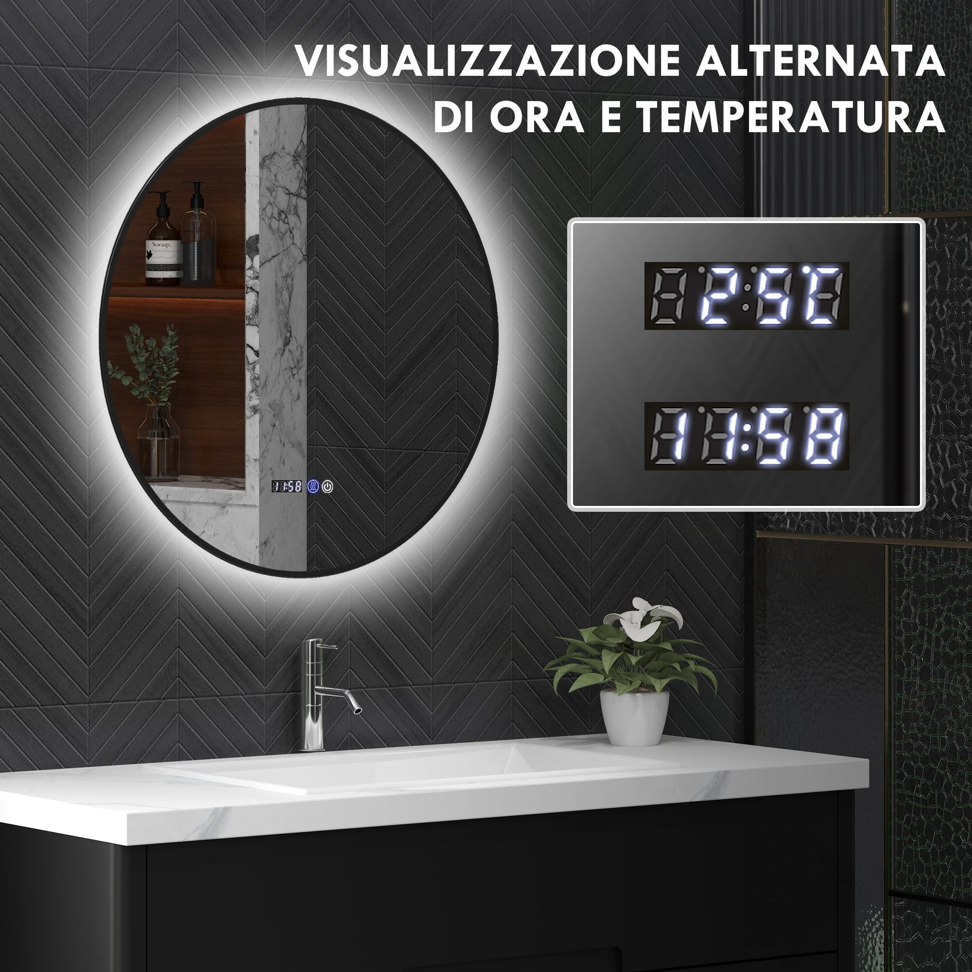 HOMCOM Specchio da Bagno con Luce LED Regolabile, Specchio Rotondo Anti Nebbia 70 cm, Specchio da Parete con Smart Touch con Display Ora e Temperatura e Funzione Memoria, IP44, Nero