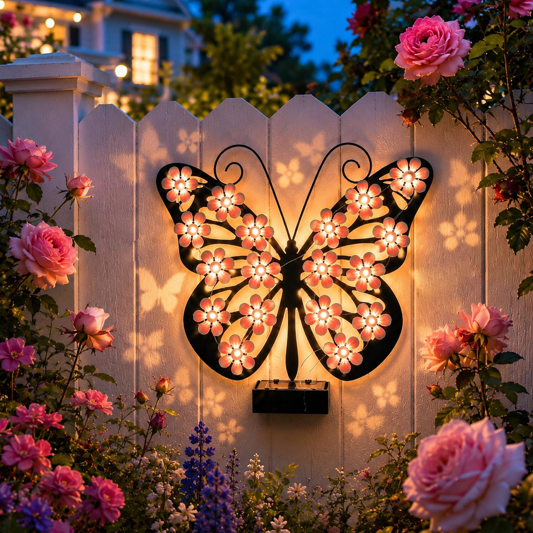 Solar Butterfly Wall Lights Outdoor, Solar Lights Outdoor Metal Butterfly Wall Decor with Sparkling Light-Up Wings, Waterproof LED Butterfly Garden Light for Fences, Walls, Patios, Porches (Pink*1)
