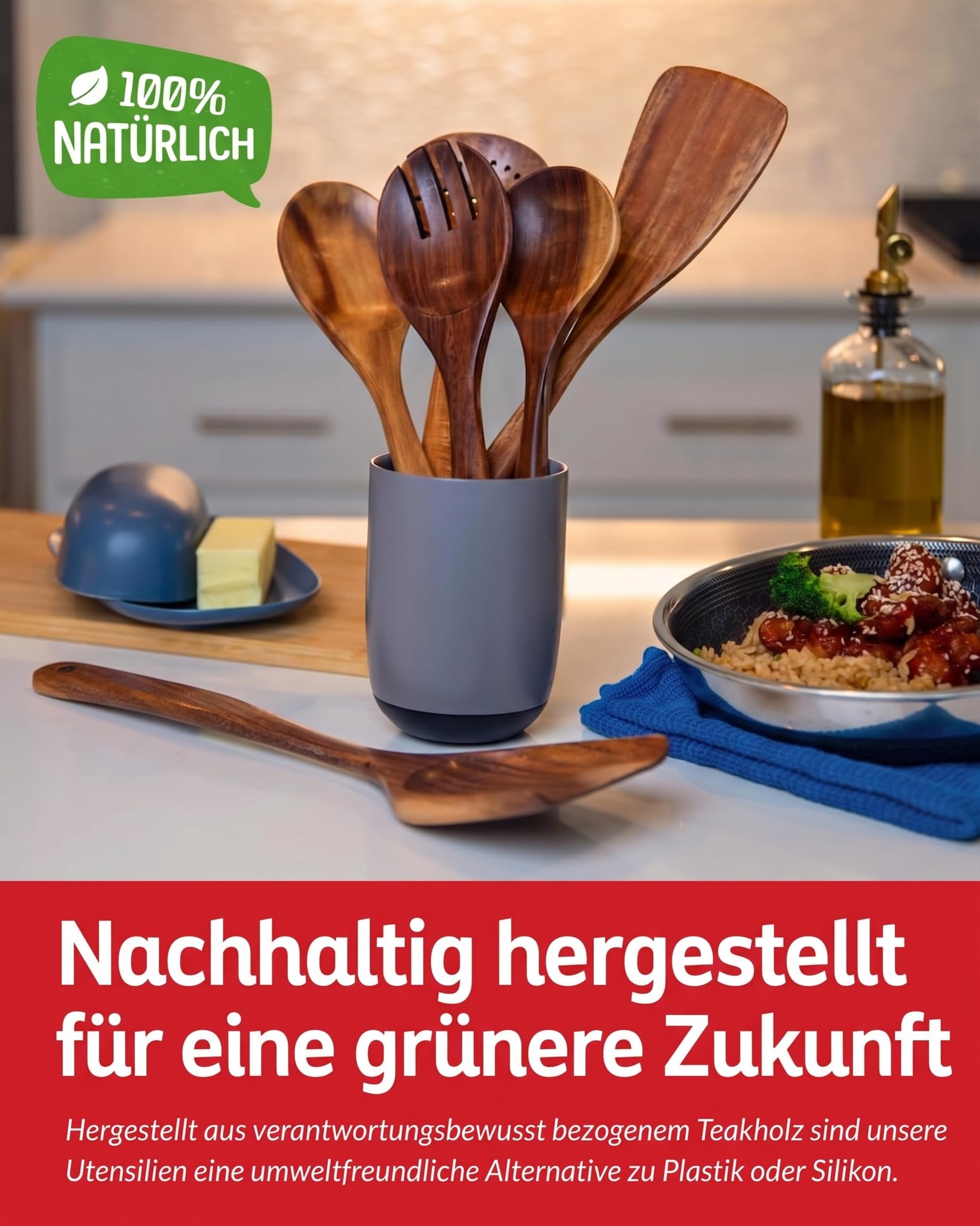Boxiki Kitchen 6-tlg. Küchenlöffel-Set aus Teakholz - Robust und Glatt, Holzutensilien für den täglichen Gebrauch, Antihaft-Pfannenlöffel und Spatel-Set