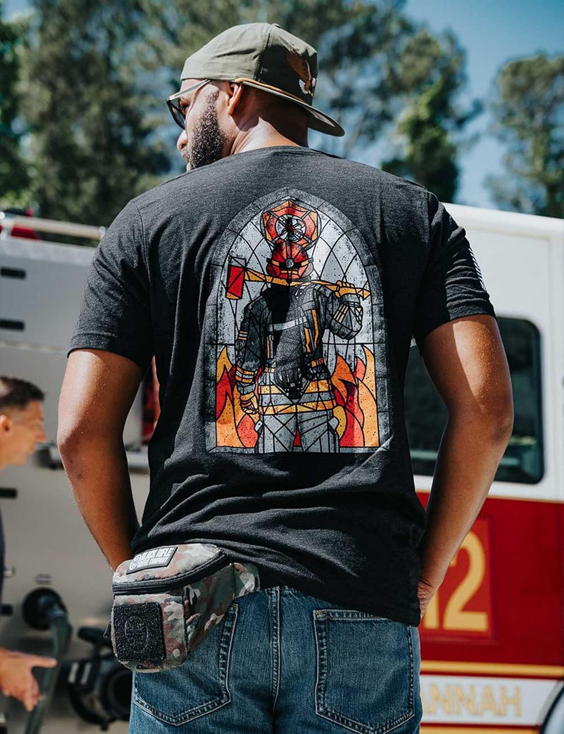 Nine Line Support Firefighters Patriotic T-Shirt, Stained Glass Fire Rescue, First Responder Fireman Shirt, American Flag - Image 2