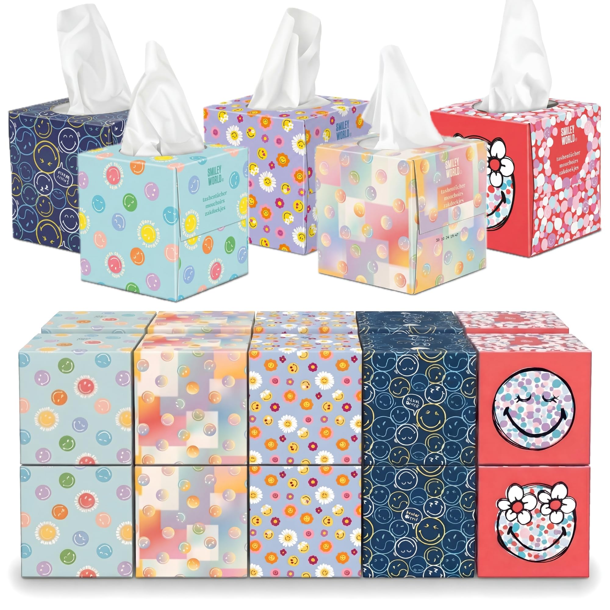 SmileyWorld - Ultra Soft Taschentücher – 20 Würfelboxen x 48 Blatt (960 Blatt gesamt) – Weich, saugstark und dekorativ – Papiertaschentücher (Mehrfarbig)