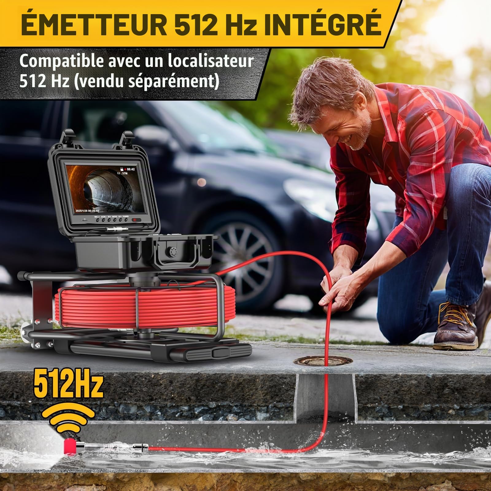 anysun Caméra d’Inspection de Canalisation, 50M Camera Endoscopique avec Auto nivellement, Compteur de Mètres, Camera Dinspection avec Intégrée Sonde 512 Hz, IPS 9" 1080P avec Câble et Poignée de 7 mm