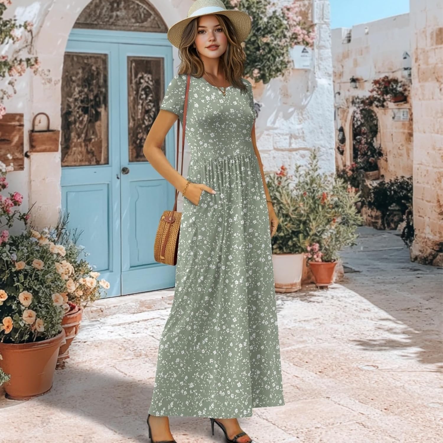ZOCAVIA Boho Floral Maxi Dress Women Summer Crewneck Short Sleeve Tshirt Dress Flowy Swing Long Beach Dresses with Pockets