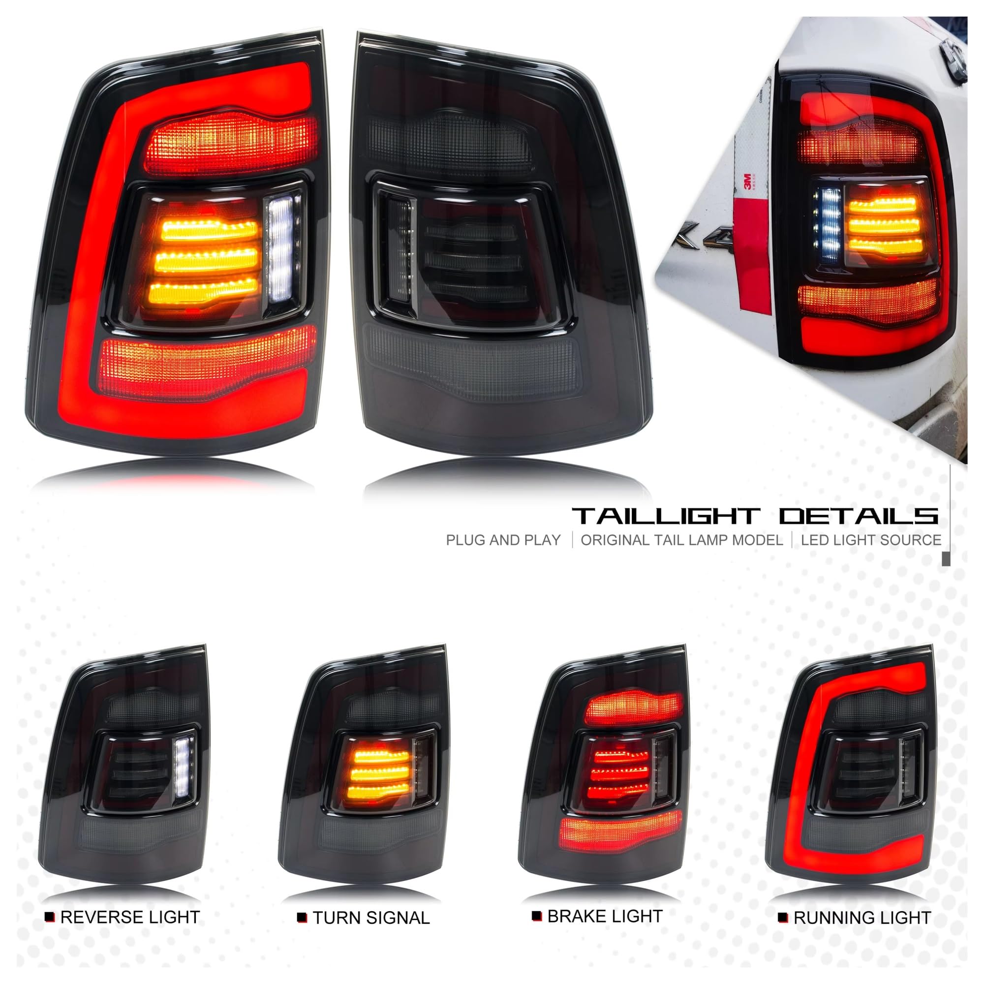 traseras Luces traseras LED para Dodge para Ram 1500, 2500, 3500, 2009-2018, 4. ª generación, animación dinámica, señal de giro secuencial, montaje lámparas Luces de freno