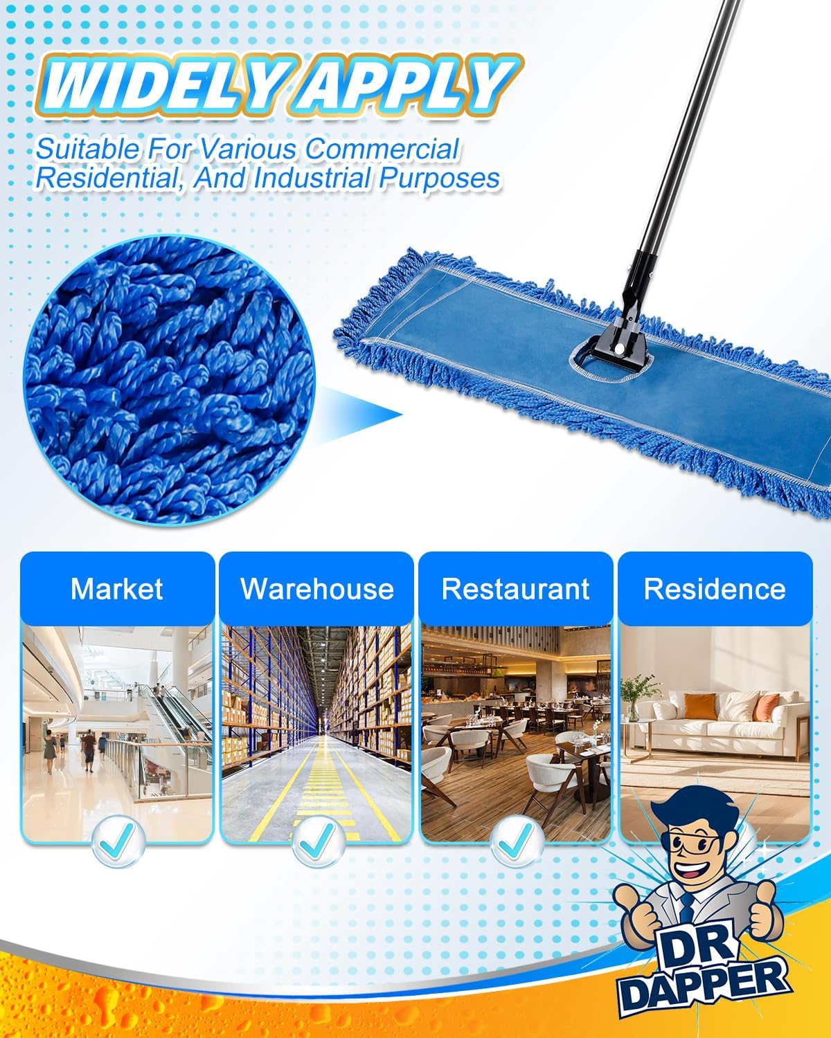 DR DAPPER 3 PCS 36-Inch Microfiber Dust Mop Head, Medium Washable Commercial Mop Head Replacement for Floor Cleaning, Sweeper and Janitorial Industrial