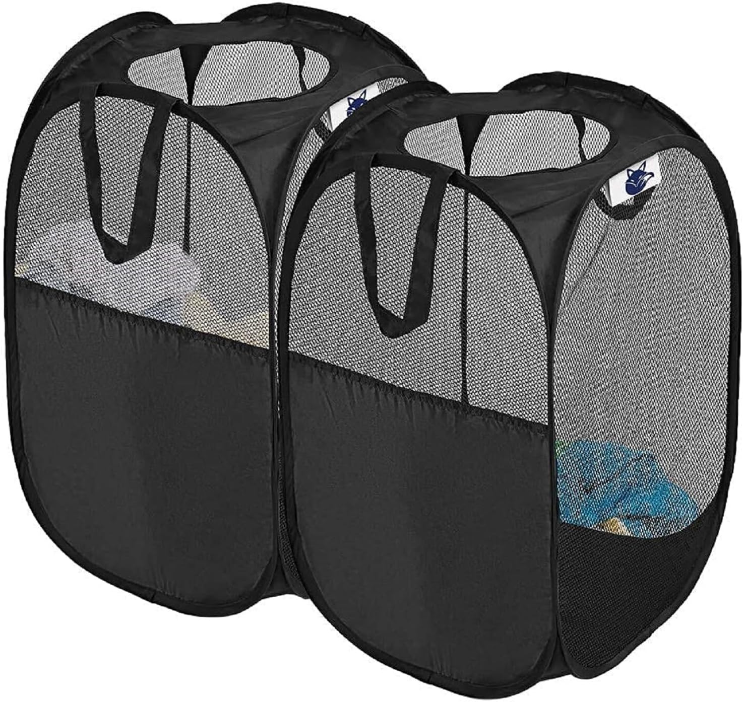 2 Pack Mesh Collapsible Laundry Baskets, Pop up Laundry Hamper Bins,Folding Washing Basket with Handles for Clothes Tidy Storage-Black