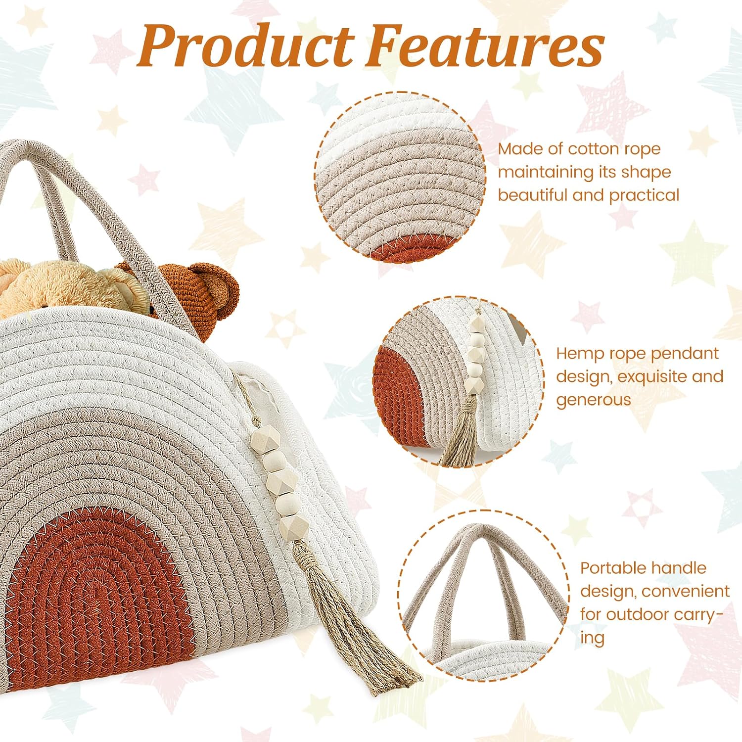 Arc Design Woven Diaper Caddy Basket with Handle for Baby | Lid Diaper Caddy Basket with Dividers for Baby Boy/Girl, Diaper Tote Bag for Bady Storage for Car | Baby Nursery Canvas Caddy (White Khaki)