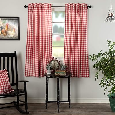 VHC Brands Annie Buffalo Check Cotton Farmhouse Curtains Rod Pocket Tie Back(s) Panel Pair, 63x36, Red
