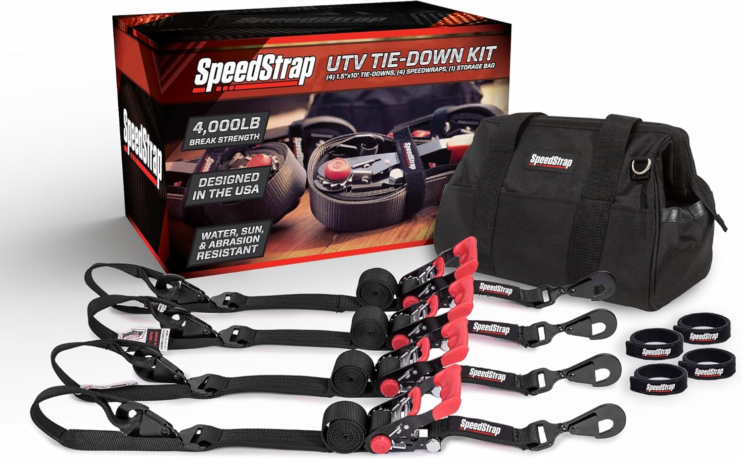 SpeedStrap UTV Ratchet Tie-Down Kit for Polaris RZR, Honda Talon, Can-Am, ATV - 4,000 lb Capacity, Includes (4) Ratchet Straps 1.5" x 10′, SpeedWraps, Storage Bag, Black