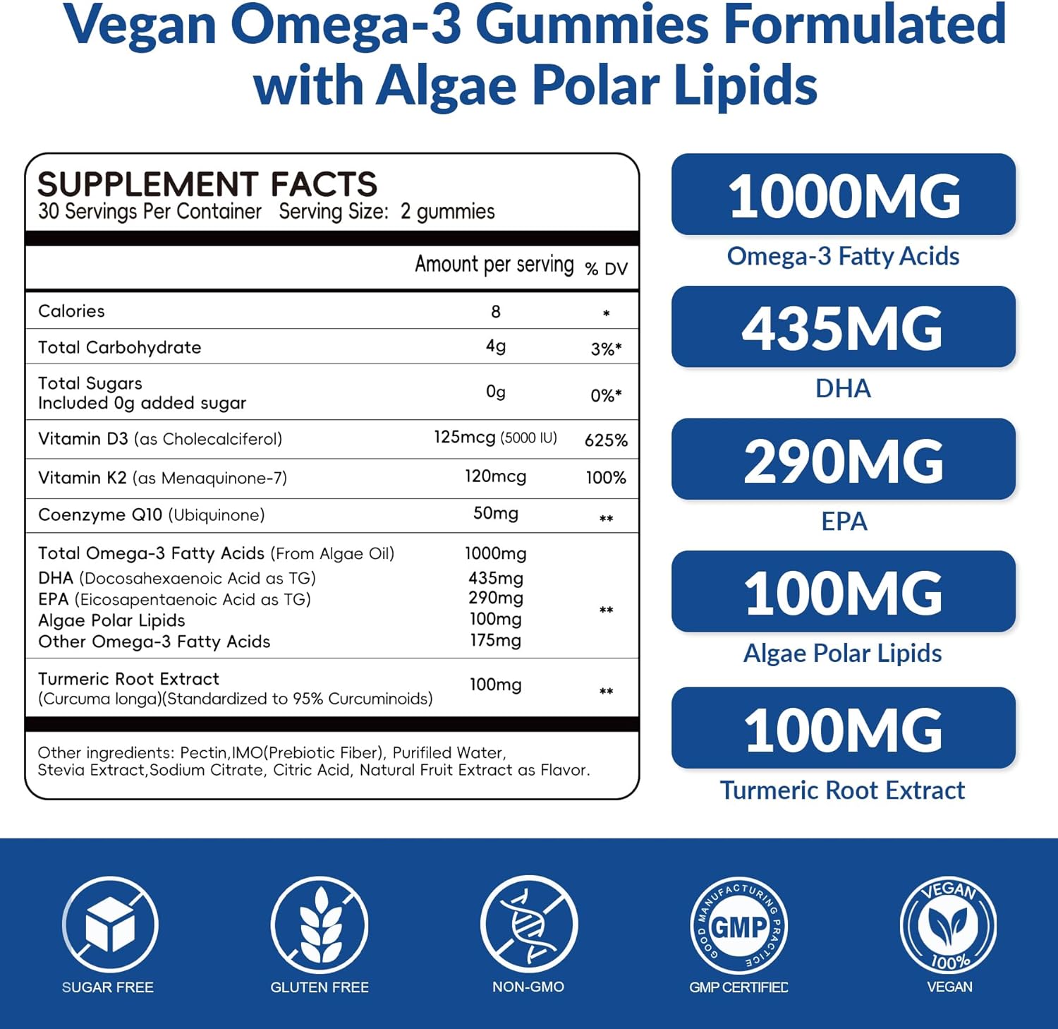 Vegan Omega 3 Gummies 1000mg - Algae Omega 3 Supplement for Women & Men with CoQ10, Vitamin D3, K2 & Turmeric - Fish Oil Alternative for Adults with DHA EPA for Brain, Eye- Sugar Free, 120 Count - Image 2