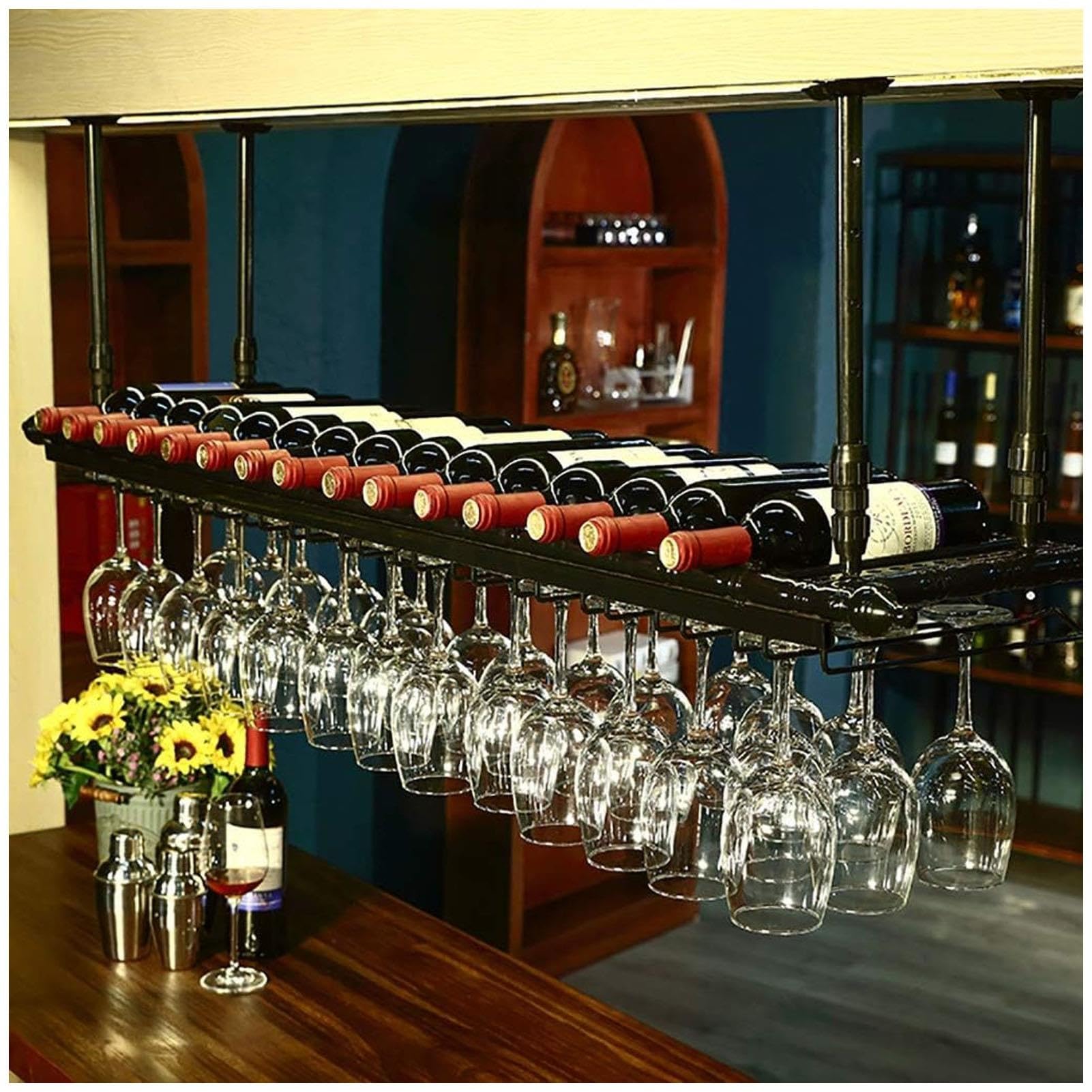 Dwuwarstwowy, sufitowy stojak na wino, odwrócony uchwyt na kieliszki