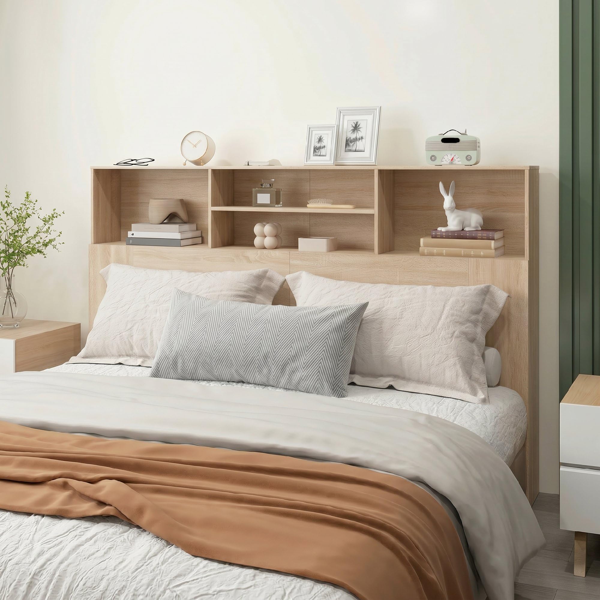 HOMCOM Tête de lit sur Pied 160 cm avec rangements, Accessoire de lit Moderne avec 4 Compartiments Ouverts pour Chambre, 160 x 20,2 x 108,2 cm, Bois Naturel