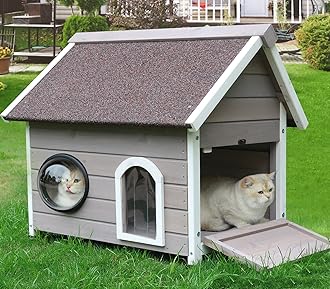 Rockever Outdoor Cat House, Waterproof Feral Cat House for Outdoor Cats with Escape Door and Clear Windows for 2 Cats (Grey)