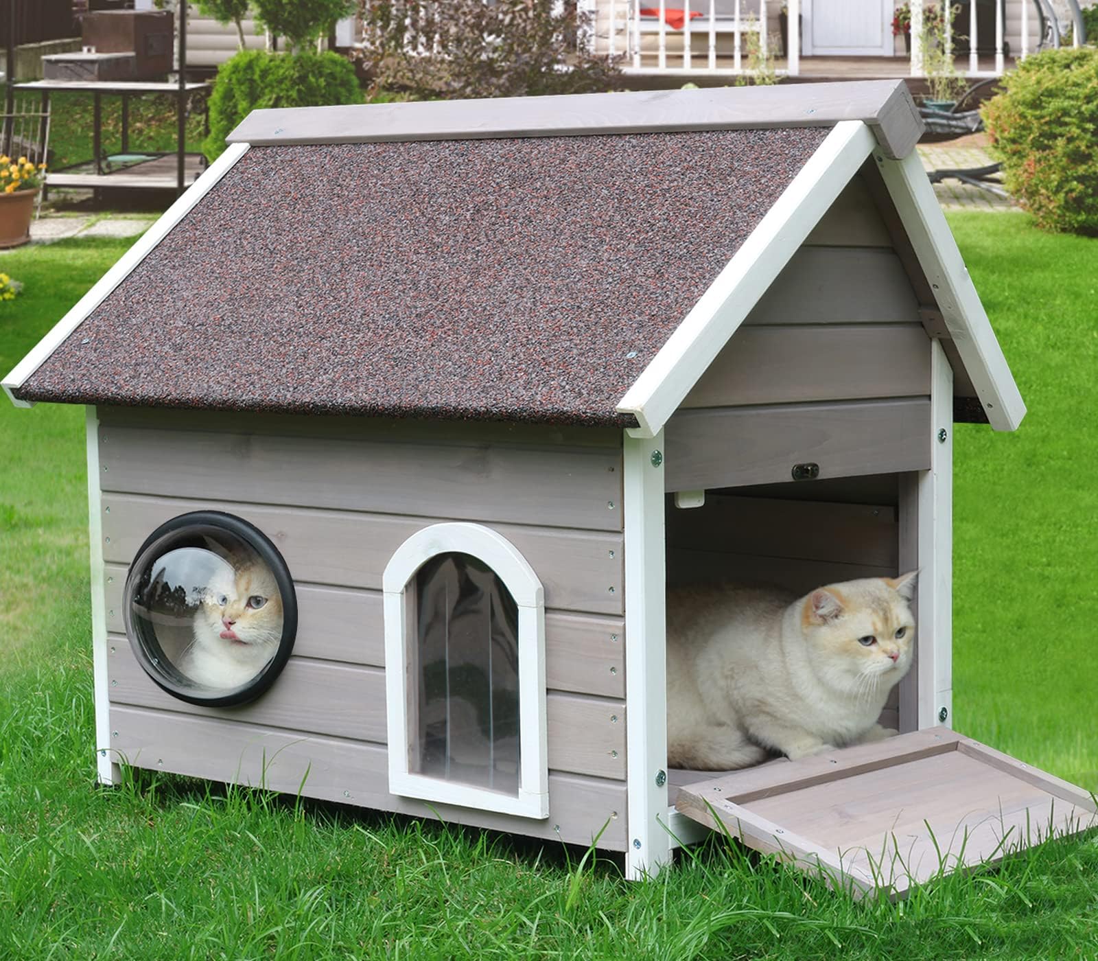 Rockever Outdoor Cat House, Waterproof Feral Cat House for Outdoor Cats with Escape Door and Clear Windows for 2 Cats (Grey)