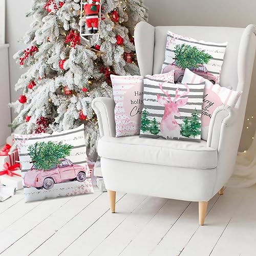 Miniatura 8 de APROPHIC Juego de 4 fundas de almohada rosas de Navidad de 18 x 18 pulgadas, decoración de vacaciones de granja a rayas con árboles alegres y renos,