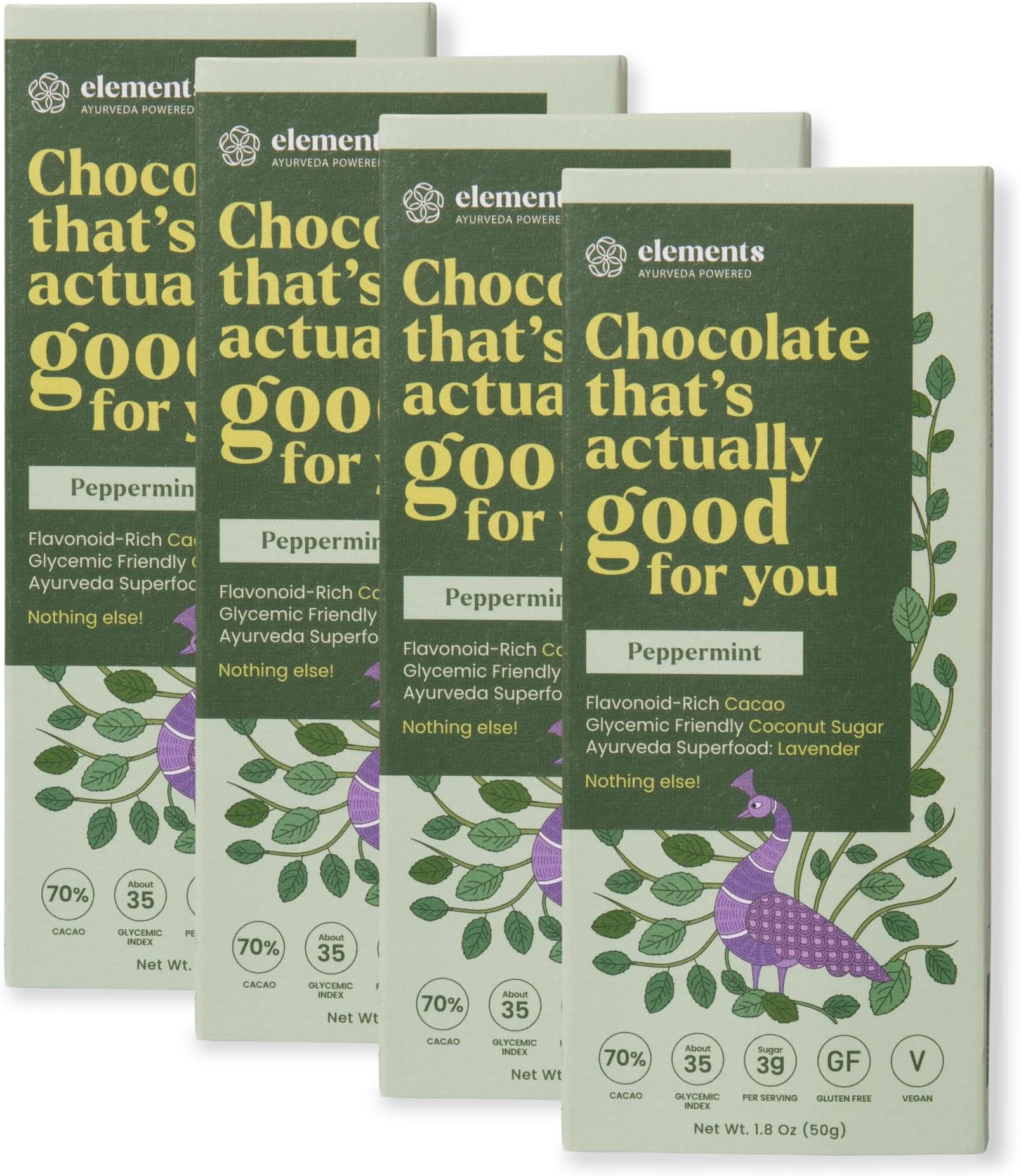 Elements Truffles Peppermint Flavoured Dark Chocolate Bar| Ayurvedic, Vegan & Gluten Free | No Refined Sugar & Artificial Flavours | Enriched with Cocoa, Coconut Sugar & Lavender 50g (Pack of 4)