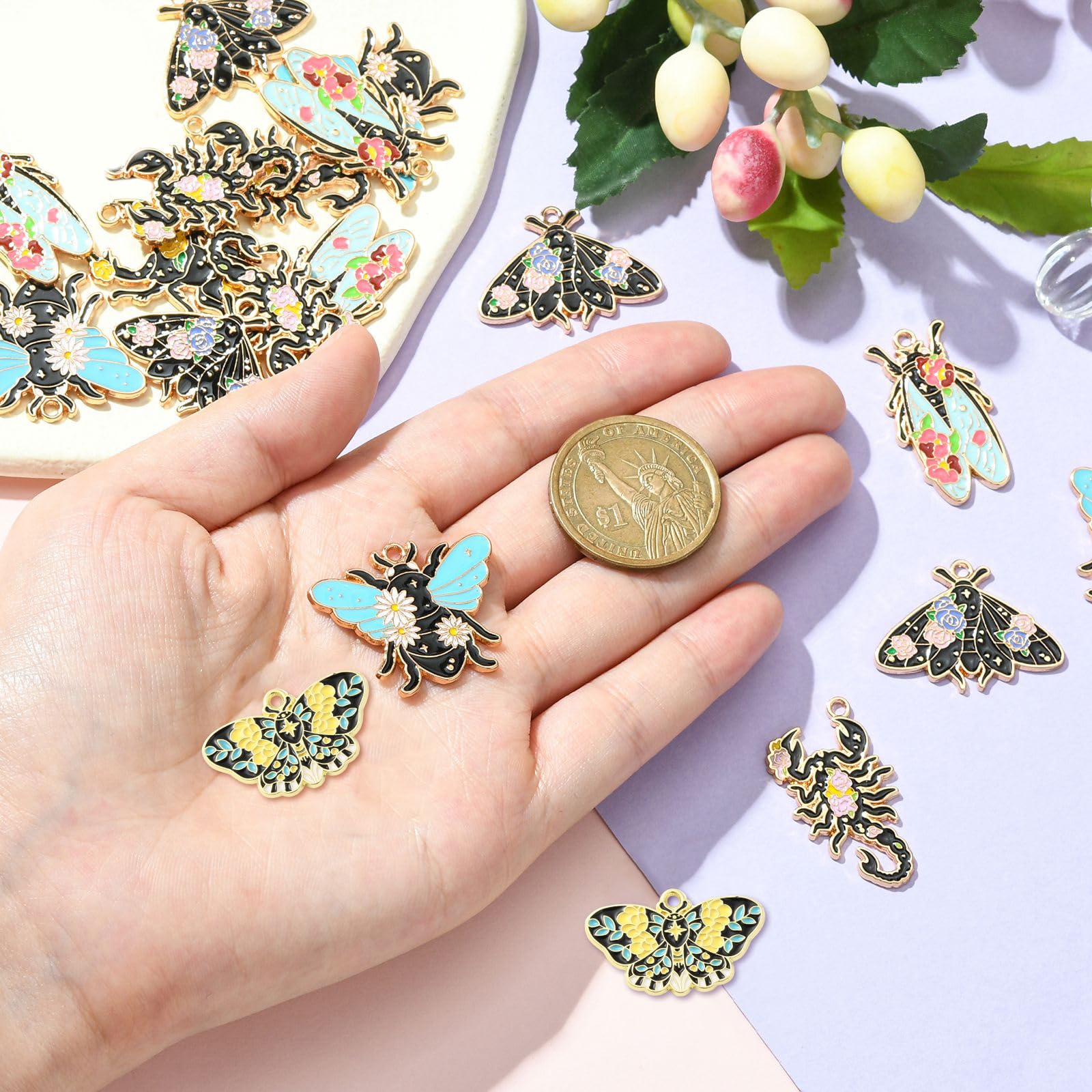 Stiesy 20Pcs 5 Styles Enamel Black Insect Animal Charms Pendants with Flower Butterfly Bees Beetle Scorpion Cicada Charms for DIY Crafts Gift Jewelry Making - Image 4