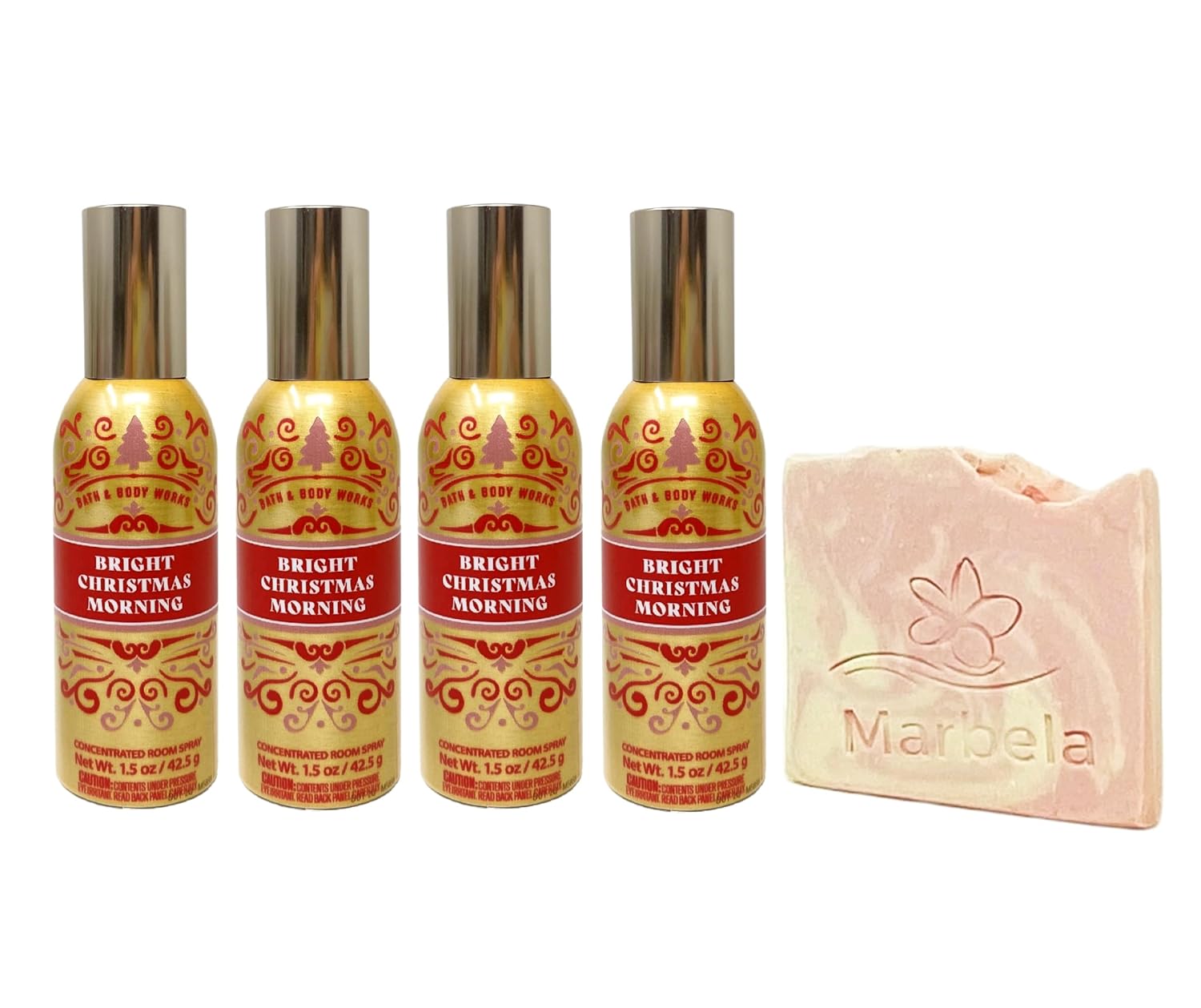 Bath & Body Works Bright Christmas Morning Concentrated Room Spray 4 Piece Bundle with a Himalayan Salts Springs Sample Soap