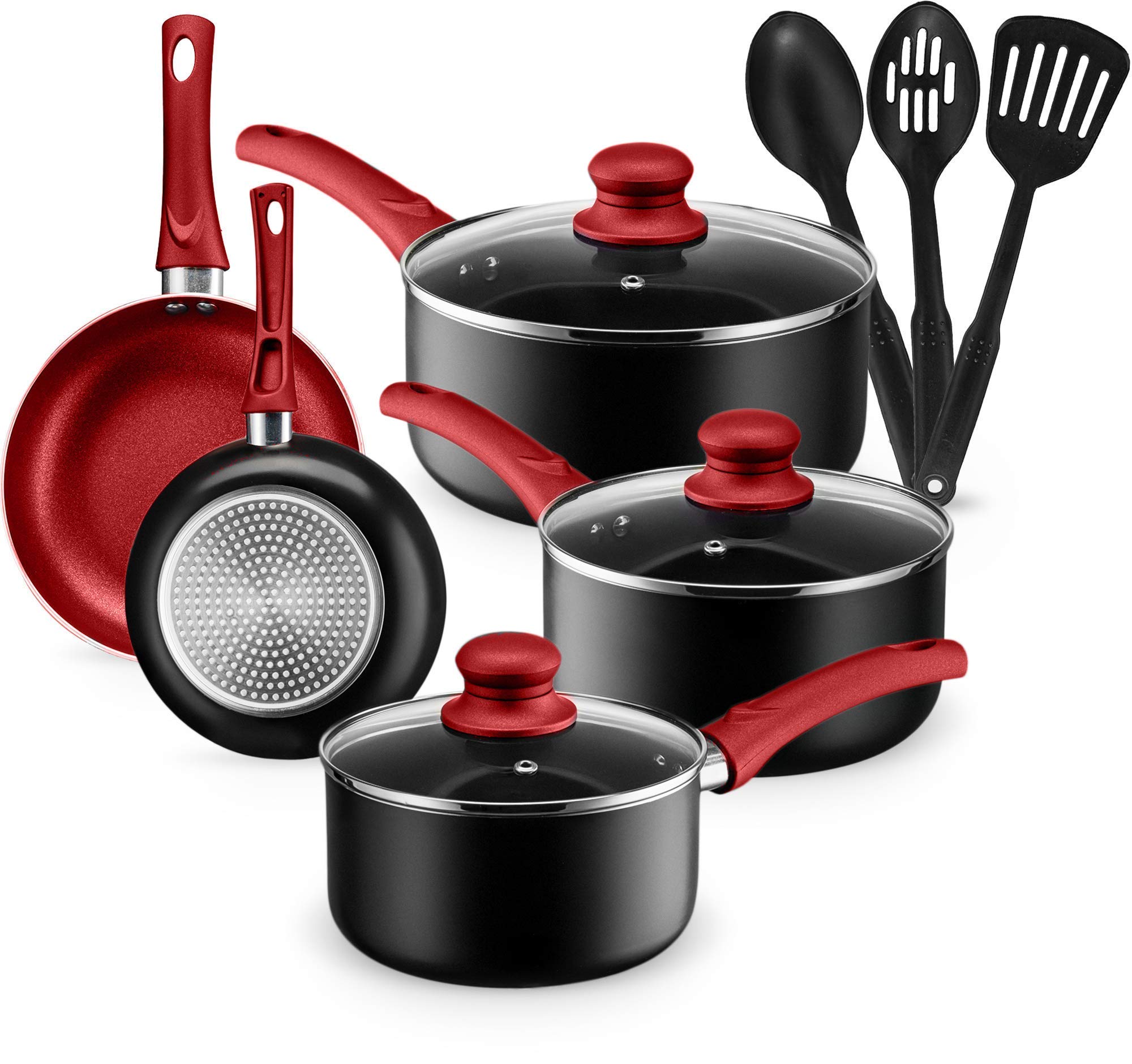 Kitchen Cookware Set, 11 Piece Pots and Pans Set for Cooking Nonstick, Dishwasher Safe Cooking Utensils Set by Halter (Red)