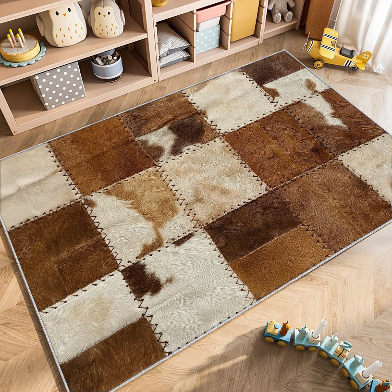 Tapis à Motif Rayures Patchwork en Cuir De Vache Tapis Salon Style Ferme Lavable Rectangulaire Tapis de Salon 180x240 cm, Antidérapant à Poils Courts Tapis Doux Chambre Poil Ras Tapis de Sol
