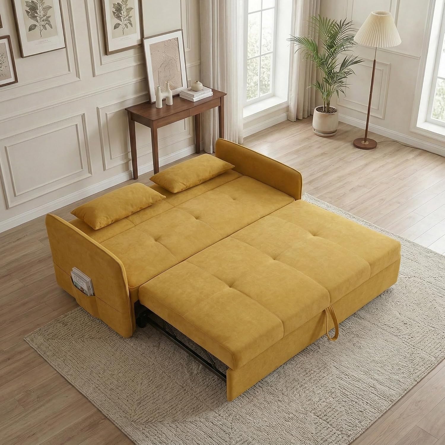 Pull Out Sofa Bed - Sleeper Couch with Adjustable Backrest and Armrests, Tufted Loveseat with Side Pocket, High Density Foam for Living Room, Apartment, Small Space(Yellow)
