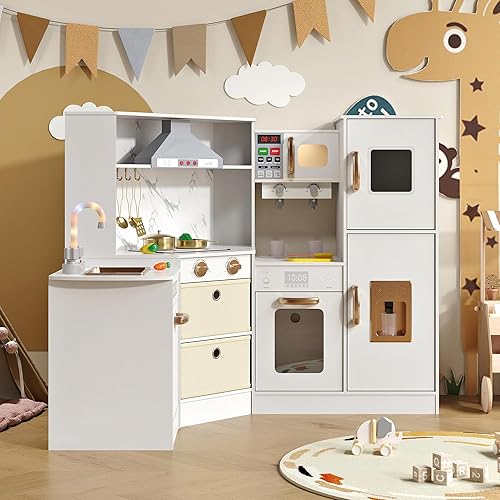 Miniatura 9 de Cocina de madera para niños con luces y sonidos realistas, almacenamiento inteligente, máquina de hielo de simulación, fregadero, estufa, juguete