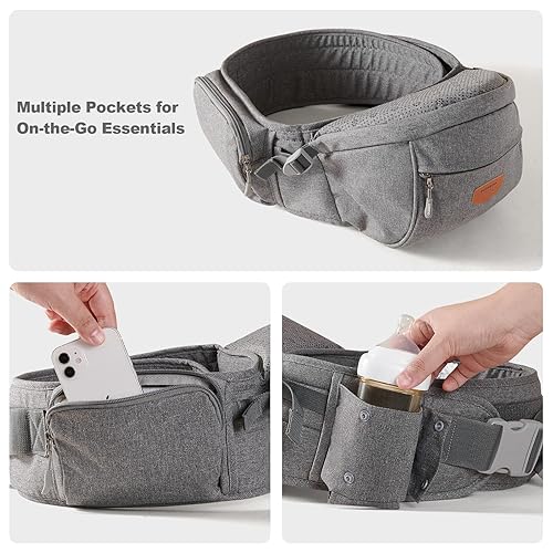 Miniatura 9 de SUNVENO Portabebés, ergonómico para asiento de cadera para bebé, ligero, certificado de seguridad, suave, para mamá y papá, gris